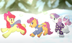 Size: 5000x3000 | Tagged: safe, artist:ponykittenboi, derpibooru exclusive, apple bloom, scootaloo, sweetie belle, earth pony, pegasus, pony, unicorn, g4, g5, apple bloom's bow, bow, chase, clothes, colored wings, concerned, cute, cutie mark crusaders, female, filly, foal, g4 to g5, generation leap, glowing, glowing horn, hair bow, high res, hoof polish, horn, leonine tail, magic, multicolored wings, open mouth, playing, rainbow wings, running, scarf, signature, smiling, snow, snowball, snowball fight, sweater, tail, telekinesis, tree, unshorn fetlocks, watermark, wings