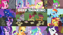 Size: 1978x1114 | Tagged: safe, edit, edited screencap, editor:quoterific, screencap, apple bloom, applejack, fluttershy, pinkie pie, princess cadance, princess celestia, princess luna, rainbow dash, rarity, scootaloo, spike, starlight glimmer, sunset shimmer, sweetie belle, twilight sparkle, alicorn, dragon, earth pony, human, pegasus, pony, unicorn, a friend in deed, celestial advice, discordant harmony, equestria girls, equestria girls specials, g4, games ponies play, may the best pet win, my little pony equestria girls: mirror magic, ponyville confidential, sleepless in ponyville, sparkle's seven, spice up your life, suited for success, sweet and smoky, to where and back again, bag, chalkboard, cutie mark crusaders, mane six, saddle bag, twilight sparkle (alicorn), twilight's castle, unicorn twilight