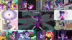Size: 1960x1103 | Tagged: safe, edit, edited screencap, editor:quoterific, screencap, flash sentry, garden grove, rarity, sandalwood, sci-twi, sunset shimmer, twilight sparkle, human, all the world's off stage, blizzard or bust, equestria girls, equestria girls series, equestria girls specials, g4, get the show on the road, good vibes, holidays unwrapped, mirror magic, movie magic, my little pony equestria girls: legend of everfree, my little pony equestria girls: summertime shorts, opening night, school of rock, spring breakdown, street magic with trixie, super squad goals, spoiler:eqg series (season 2), all the world's off stage: twilight sparkle, arms in the air, clothes, dress, geode of telekinesis, hands in the air, magical geodes, sleeveless