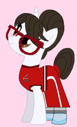 Size: 273x447 | Tagged: safe, artist:matthewjabeznazarioa, raven, pony, unicorn, g4, aide, base used, clothes, female, glasses, hair bun, looking up, mare, martial arts, martial arts kids outfit, martial arts kids outfits, pink background, quadrupedal, shoes, simple background, smiling, solo, training