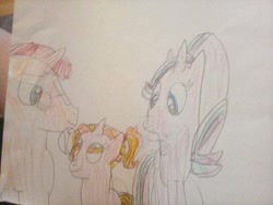 Size: 640x480 | Tagged: safe, artist:theautisticrebel, luster dawn, starlight glimmer, sunburst, pony, unicorn, g4, drawing, father and child, father and daughter, female, filly luster dawn, luster dawn is starlight's and sunburst's daughter, male, mare, mother and child, mother and daughter, parent:starlight glimmer, parent:sunburst, parents:starburst, reddit, stallion, traditional art