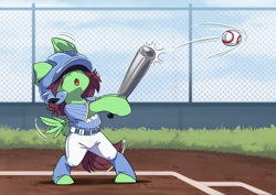 Size: 3508x2480 | Tagged: safe, artist:arctic-fox, oc, oc only, oc:watermelon success, pegasus, semi-anthro, arm hooves, baseball, baseball bat, bipedal, clothes, female, filly, floppy ears, foal, high res, solo, sports