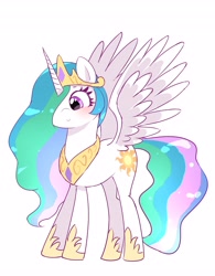 Size: 3203x4096 | Tagged: safe, artist:leo19969525, princess celestia, alicorn, pony, g4, blushing, crown, cute, cutelestia, ears, ears up, female, horn, jewelry, mane, mare, multicolored hair, purple eyes, rainbow hair, rainbow tail, regalia, simple background, smiling, solo, spread wings, tail, white background, wings