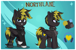 Size: 2058x1361 | Tagged: safe, artist:joaothejohn, oc, oc only, oc:northlane, pegasus, pony, choker, clothes, commission, cute, cutie mark, jacket, lidded eyes, looking at you, pegasus oc, reference sheet, simple background, smiling, socks, text, wings