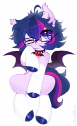 Size: 1280x2074 | Tagged: safe, artist:astralblues, oc, bat pony, pony, choker, female, glasses, mare, not twilight sparkle, simple background, solo, spiked choker, white background