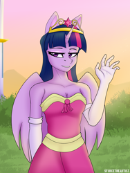 Size: 1440x1920 | Tagged: safe, artist:sforcetheartist, twilight sparkle, alicorn, anthro, g4, clothes, coronation dress, crown, dress, evening gloves, gloves, gown, jewelry, long gloves, regalia, solo, twilight sparkle (alicorn)