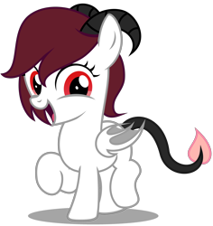 Size: 3340x3540 | Tagged: safe, artist:strategypony, oc, oc only, oc:velvet charm, original species, pony, succubus, succubus pony, cute, devil tail, female, filly, foal, high res, horns, raised hoof, red eyes, simple background, solo, succubus oc, tail, transparent background, wings