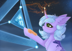 Size: 2800x2000 | Tagged: safe, artist:saltyvity, oc, pony, unicorn, blue hair, blushing, commission, cute, ear fluff, fluffy, green eyes, high res, light, magic, night, solo, space, sparkles, stars