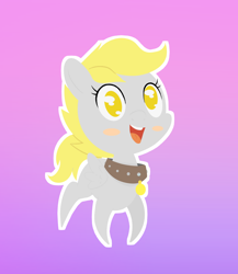 Size: 936x1080 | Tagged: safe, alternate version, artist:happy harvey, derpy hooves, pegasus, age regression, blushing, character swap, chibi, collar, colored pupils, cute, drawn on phone, female, filly, foal, gradient background, looking up, name tag, open mouth, pet, slave, smiling