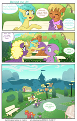 Size: 1920x3011 | Tagged: safe, artist:jeremy3, ms. harshwhinny, spike, sunshower raindrops, oc, oc:valentine, dragon, earth pony, pegasus, pony, comic:behind me, g4, alternate universe, bench, clothes, comic, house, laughing, ponyville