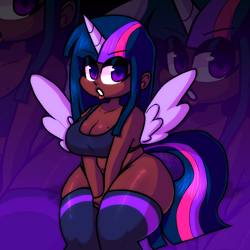 Size: 1800x1800 | Tagged: safe, artist:rainbrony, twilight sparkle, alicorn, human, g4, breasts, busty twilight sparkle, chubby, chubby twilight, clothes, dark skin, horn, horned humanization, humanized, looking at you, mole, open mouth, plump, socks, spread wings, thigh highs, thighlight sparkle, thunder thighs, twilight sparkle (alicorn), underwear, winged humanization, wings, zoom layer