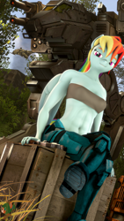 Size: 2160x3840 | Tagged: safe, artist:donglysfm, rainbow dash, pegasus, anthro, plantigrade anthro, art pack:fun n games 2022, g4, 3d, alternate hairstyle, armor, battletech, breasts, crate, delicious flat chest, female, gun, high res, mecha, muscles, outdoors, revamped anthros, solo, source filmmaker, weapon
