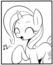Size: 889x1096 | Tagged: safe, artist:maren, trixie, pony, unicorn, g4, 2014, eyes closed, female, lineart, mare, monochrome, music notes, old art, open mouth, open smile, raised hoof, smiling, solo