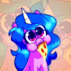 Size: 1800x1800 | Tagged: safe, artist:rainbrony, derpibooru exclusive, izzy moonbow, pony, unicorn, g5, aweeg*, cute, female, food, horn, izzybetes, looking at you, mare, meat, pepperoni, pepperoni pizza, pizza, smiling, smiling at you, solo, zoom layer