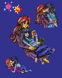Size: 4727x5901 | Tagged: safe, artist:daazzlin, sci-twi, sunset shimmer, twilight sparkle, human, equestria girls, g4, barefoot, blushing, blushing profusely, book, clothes, feet, female, kissing, lesbian, making out, pajamas, reading, ship:sci-twishimmer, ship:sunsetsparkle, shipping, surprised