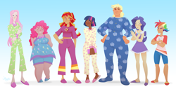 Size: 6015x3048 | Tagged: safe, artist:jellynut, applejack, fluttershy, pinkie pie, rainbow dash, rarity, sunset shimmer, twilight sparkle, human, equestria girls, g4, my little pony equestria girls: rainbow rocks, applebucking thighs, book, chubby, clothes, crossed arms, dark skin, fat, happy, heel pop, human coloration, humane five, humane seven, humane six, humanized, midriff, nightgown, onesie, pajamas, pudgy pie, shirt, slippers, smiling, t-shirt, tall, thighs, thunder thighs