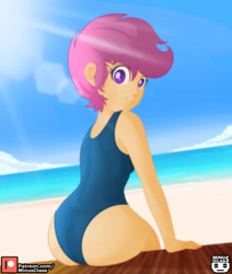 Size: 2976x3507 | Tagged: safe, alternate character, alternate version, artist:minusclass, scootaloo, human, equestria girls, g4, ass, beach, butt, clothes, cloud, crepuscular rays, female, high res, lens flare, looking at you, looking back, looking back at you, one-piece swimsuit, patreon, patreon logo, sand, scootabutt, solo, summer, swimsuit, water