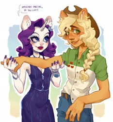 Size: 1908x2048 | Tagged: safe, artist:p0nyplanet, applejack, rarity, human, g4, admiration, blushing, bracelet, breasts, cleavage, clothes, denim, dialogue, dress, ear fluff, eared humanization, eyeshadow, female, holding, horn, horned humanization, humanized, jeans, jewelry, lesbian, lipstick, makeup, nail polish, necklace, pants, ship:rarijack, shipping, shirt