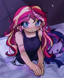 Size: 1015x1237 | Tagged: safe, artist:ulee_7, sci-twi, sunset shimmer, twilight sparkle, human, equestria girls, g4, bed, clothes, female, lesbian, messy mane, pajamas, ship:sci-twishimmer, ship:sunsetsparkle, shipping, sitting, sleeping, tank top
