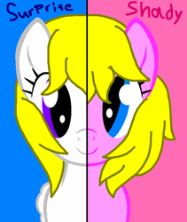 Size: 648x769 | Tagged: safe, artist:piggyman54, shady, surprise, earth pony, pegasus, pony, g1, g4, adoraprise, blue background, cute, duo, female, friends, g1 shadybetes, g1 to g4, generation leap, mare, ms paint, paint.net, pink background, simple background, smiling, two sides