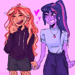 Size: 2048x2048 | Tagged: safe, artist:scisetstarlight, sci-twi, sunset shimmer, twilight sparkle, human, equestria girls, g4, blushing, clothes, female, fishnet stockings, geode of telekinesis, glasses, heart, high res, holding hands, hoodie, laughing, lesbian, magical geodes, one eye closed, pants, ponytail, ship:sci-twishimmer, ship:sunsetsparkle, shipping, shorts, wink