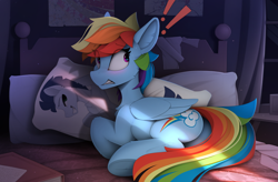 Size: 2510x1645 | Tagged: safe, artist:yakovlev-vad, rainbow dash, soarin', pegasus, pony, bed, blushing, body pillow, book, butt, caught, exclamation point, eye clipping through hair, eyebrows, eyebrows visible through hair, female, gritted teeth, implied shipping, implied soarindash, implied straight, lip bite, male, mare, plot, rainbutt dash, solo, sweat, sweatdrop, teeth, underhoof, wide eyes