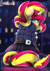 Size: 890x1272 | Tagged: safe, artist:llametsul, sunset shimmer, pony, unicorn, g4, annoyed, belt, city, clothes, colored, dress, looking at you, looking back, looking back at you, signature, skirt, solo