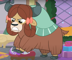 Size: 797x665 | Tagged: safe, screencap, yona, yak, g4, the hearth's warming club, angry, bow, cloven hooves, cropped, female, gritted teeth, hair bow, monkey swings, solo, teeth