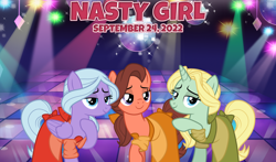 Size: 2064x1217 | Tagged: safe, artist:cloudy glow, artist:not-yet-a-brony, dear darling, fond feather, swoon song, earth pony, pegasus, pony, unicorn, g4, 2022, beauty and the beast, bimbettes, bimbettes (beauty and the beast), clothes, dance club, dance floor, dress, female, lyrics in the description, mare, september, song reference, trio, vanity 6, youtube link in the description