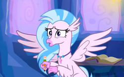 Size: 953x592 | Tagged: safe, screencap, silverstream, classical hippogriff, hippogriff, g4, student counsel, book, cropped, female, jewelry, necklace, pencil, solo, spread wings, treehouse of harmony, wings