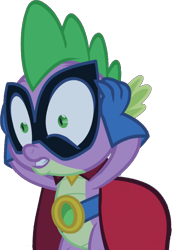 Size: 666x967 | Tagged: safe, edit, edited screencap, editor:pascalmulokozi2, screencap, spike, dragon, g4, power ponies (episode), background removed, cape, clothes, gloves, humdrum costume, male, power ponies, simple background, solo, surprised, transparent background