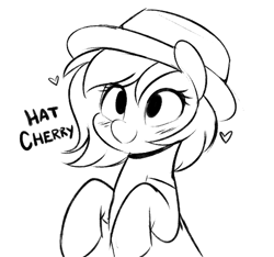 Size: 554x519 | Tagged: safe, artist:higglytownhero, oc, oc only, oc:cherry spirit, earth pony, pony, black and white, cute, earth pony oc, female, floating heart, grayscale, hat, heart, mare, monochrome, ocbetes, simple background, sketch, smiling, solo, white background