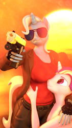 Size: 2160x3840 | Tagged: safe, artist:silkworm205, starlight glimmer, trixie, unicorn, anthro, art pack:fun n games 2022, g4, 3d, aiming, alternate hairstyle, breasts, clothes, coat, colored eyebrows, crossover, duke nukem, duo, female, fingerless gloves, gloves, gold, gold weapon, golden gun, gun, half r63 shipping, hand on belly, hand on shoulder, handgun, high res, looking at someone, looking up, male, pants, parody, partial nudity, pistol, revamped anthros, rule 63, ship:startrix, ship:trixgleam, shipping, shirt, simple background, source filmmaker, stellar gleam, straight, sun, sunglasses, tank top, topless, weapon, worship