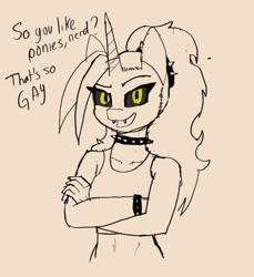 Size: 1174x1280 | Tagged: safe, artist:peel_a_na, oc, oc:dyx, alicorn, anthro, anthro oc, black sclera, bracelet, choker, clothes, crossed arms, cute, cute little fangs, dialogue, fangs, female, horn, hypocritical humor, insult, jewelry, looking at you, mane of fire, older dyx, open mouth, partial color, ponytail, shirt, short shirt, simple background, sleeveless, solo, talking to viewer, wingless, wingless alicorn, wingless anthro, yellow eyes