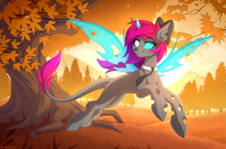 Size: 3281x2160 | Tagged: safe, artist:strafe blitz, oc, oc only, changeling, changeling oc, high res, leaves, slender, solo, thin, tree