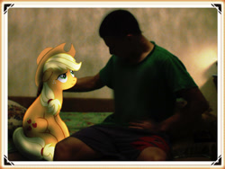 Size: 1024x769 | Tagged: safe, artist:agneypainter, applejack, earth pony, human, pony, g4, applejack's hat, cowboy hat, cute, female, frame, happy new year, hat, holiday, human and pony, human male, jackabetes, looking at each other, looking at someone, looking at you, male, mare, new year, picture frame, present, sitting, smiling, smiling at each other, smiling at you