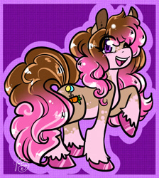 Size: 1149x1280 | Tagged: safe, artist:xizana, pinkie pie, earth pony, pony, g4, blushing, eye clipping through hair, furry to pony, open mouth, open smile, raised hoof, smiling, solo, transformation, unshorn fetlocks