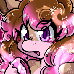 Size: 1280x1280 | Tagged: safe, artist:xizana, pinkie pie, earth pony, pony, g4, blushing, bust, eye clipping through hair, furry to pony, open mouth, portrait, solo, transformation, unshorn fetlocks