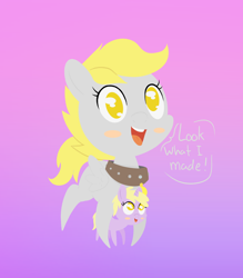 Size: 946x1080 | Tagged: safe, artist:happy harvey, derpy hooves, dinky hooves, pegasus, pony, unicorn, g4, blushing, chibi, collar, cute, dialogue, female, filly, foal, gradient background, happy, looking up, mare, mother and child, mother and daughter, no pupils, open mouth, pet, phone drawing, slave, slave collar, smiling, smol