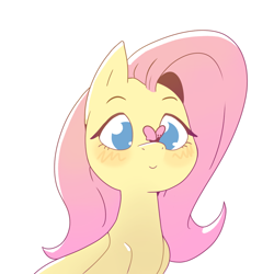 Size: 1000x1000 | Tagged: safe, artist:exagono16, fluttershy, butterfly, pegasus, pony, g4, blushing, bust, butterfly on nose, cross-eyed, cute, female, folded wings, insect on nose, looking at something, mare, no pupils, shyabetes, simple background, smiling, solo, white background, wings
