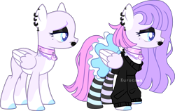 Size: 3139x1988 | Tagged: safe, artist:kurosawakuro, oc, pegasus, pony, bald, base used, beauty mark, black lipstick, blue eyes, choker, clothes, colored hooves, ear piercing, earring, female, folded wings, jewelry, lipstick, magical lesbian spawn, mare, offspring, parent:fluttershy, parent:twilight sparkle, parents:twishy, piercing, simple background, skirt, socks, solo, striped socks, sweater, transparent background, wings