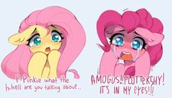 Size: 2560x1453 | Tagged: safe, artist:astralblues, fluttershy, pinkie pie, earth pony, pegasus, pony, g4, amogus, amogus eyes, among us, cannot unsee, crying, female, mare, meme, open mouth, panic, ponified, ponified meme, rule 85, teary eyes, ඞ