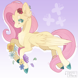 Size: 2048x2048 | Tagged: safe, artist:arctic-more, fluttershy, pegasus, pony, g4, aside glance, beanbrows, cheek fluff, chest fluff, colored hooves, drop shadow, ear fluff, elbow fluff, eyebrows, female, flower, flower in hair, fluttershy's cutie mark, gradient background, high res, lightly watermarked, looking at you, mare, partially open wings, solo, watermark, wings