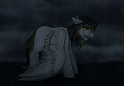 Size: 3000x2081 | Tagged: safe, artist:zahsart, oc, oc only, pegasus, pony, high res, pegasus oc, rain, sad, wings, wings down