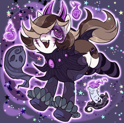 Size: 1843x1834 | Tagged: safe, artist:frowoppy, oc, oc only, oc:illui, earth pony, pony, bat wings, brown mane, clothes, clown, clown makeup, costume, halloween, halloween 2021, halloween costume, heart, heart eyes, holiday, horn, purple background, purple eyes, simple background, smiling, socks, solo, striped socks, wingding eyes, wings