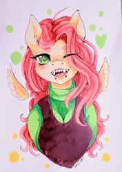 Size: 660x932 | Tagged: safe, artist:brot-art, fluttershy, pegasus, anthro, g4, beanbrows, bust, cute, eye clipping through hair, eyebrows, fangs, female, floating wings, lip piercing, looking at you, mare, one eye closed, open mouth, open smile, piercing, sharp teeth, shyabetes, smiling, smiling at you, solo, teeth, wings