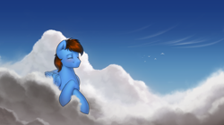 Size: 3392x1906 | Tagged: safe, artist:klooda, oc, oc:sky game, bird, pegasus, pony, blushing, cloud, commission, crossed hooves, detailed, eyes closed, folded wings, lying down, male, pegasus oc, sky, smiling, solo, stallion, wings, ych result