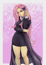 Size: 1024x1453 | Tagged: safe, artist:0mishia0, fluttershy, human, equestria girls, g4, clothes, dress, eyeshadow, female, fluttergoth, looking at you, makeup, solo