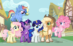 Size: 4866x3059 | Tagged: safe, artist:xkylanie, applejack, fluttershy, pinkie pie, rainbow dash, rarity, twilight sparkle, alicorn, earth pony, pegasus, pony, unicorn, g4, alternate design, alternate hairstyle, alternate universe, base used, chest fluff, coat markings, dirty hooves, dirty mane, facial markings, female, flying, glasses, grin, horn, horn jewelry, jewelry, looking at each other, looking at someone, mane six, mare, pale belly, ponyville, pronking, smiling, snip (coat marking), socks (coat markings), standing, twilight sparkle (alicorn), unshorn fetlocks