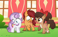 Size: 5464x3509 | Tagged: safe, artist:xkylanie, apple bloom, scootaloo, sweetie belle, earth pony, pegasus, pony, unicorn, g4, alternate design, alternate universe, base used, blushing, coat markings, cutie mark crusaders, excited, female, filly, foal, looking at someone, pale belly, raised hoof, socks (coat markings), trio, unshorn fetlocks